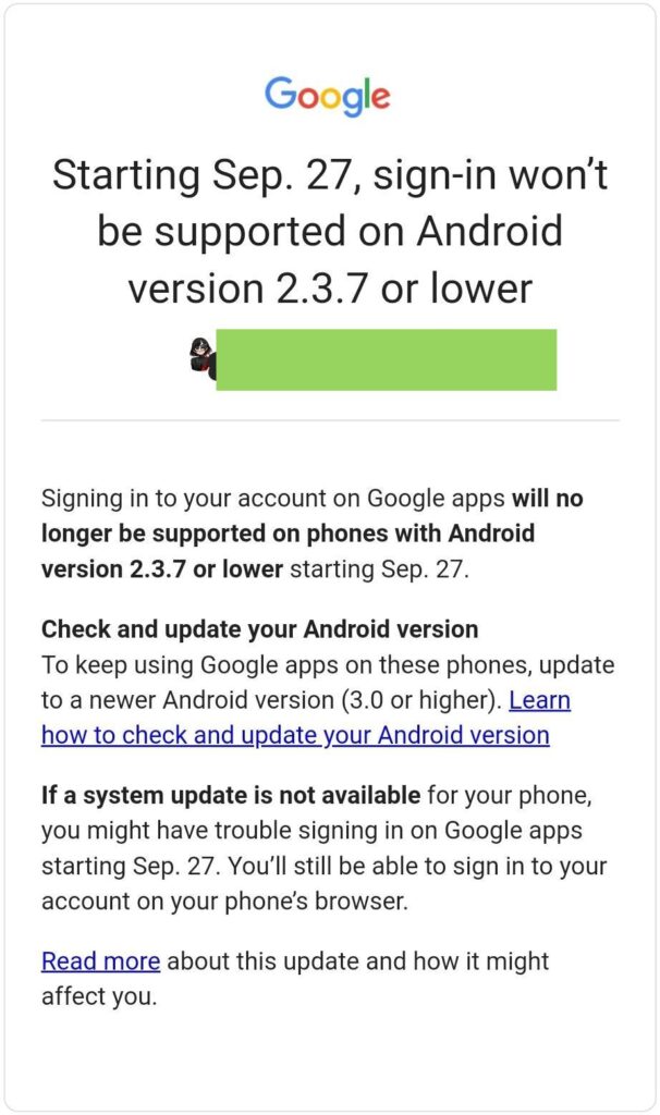 Google sign in will not be supported in old version androids